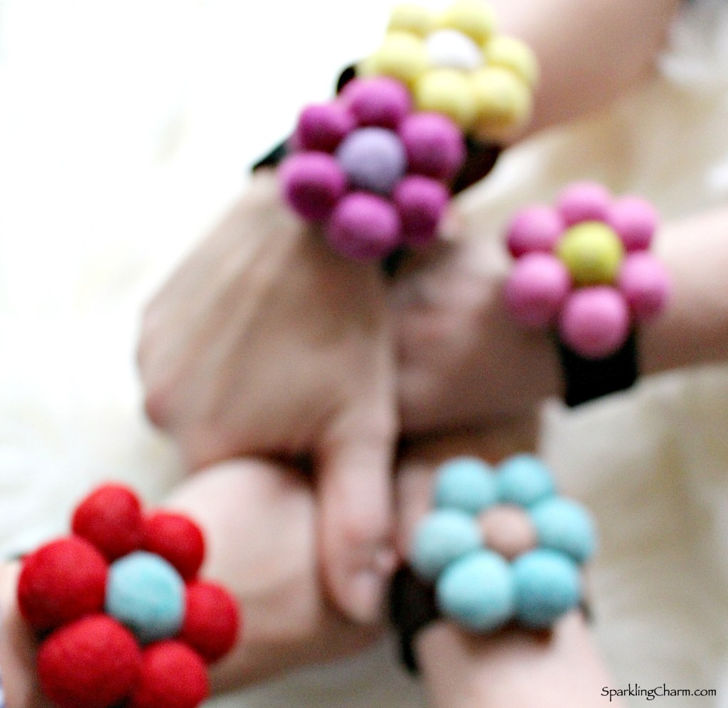 DIY Wool Pom Pom Flower Bracelet Sparkling Charm