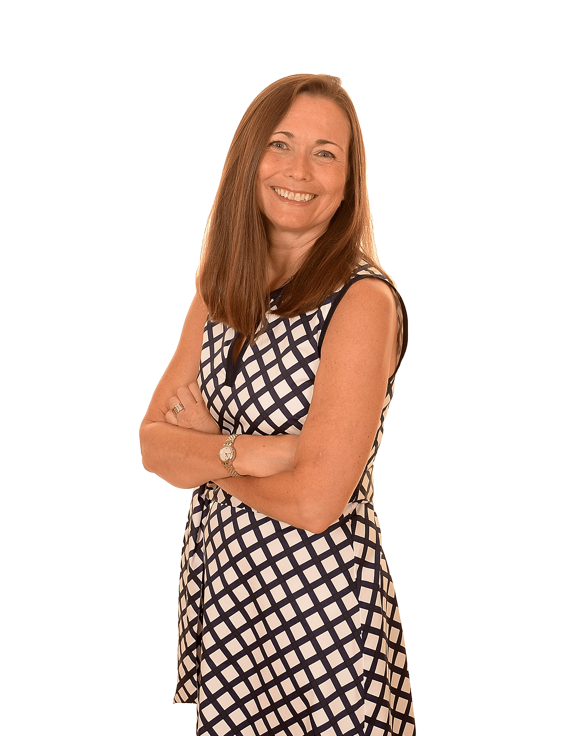 A woman in a blue and white dress posing for a photo.