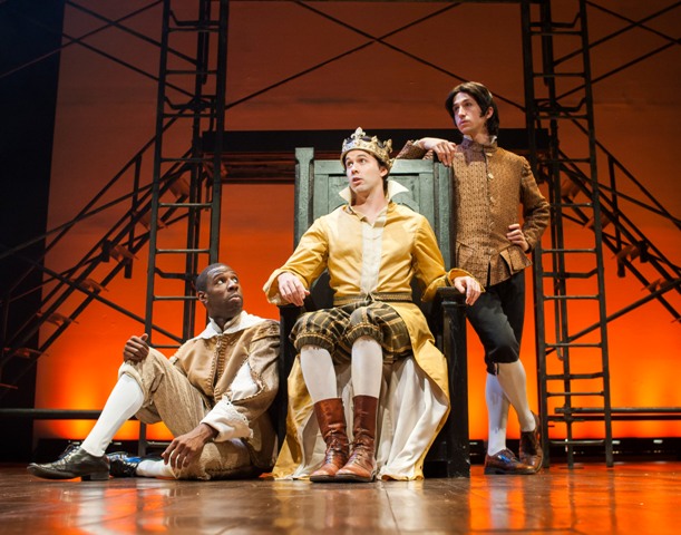 In theatre, a thrust stage (also known as a platform stage or open stage) is one that extends into the audience on three sides and is connected to the backstage area by its upstage end. RICHARD II Holds Court at Quintessence Theatre Group