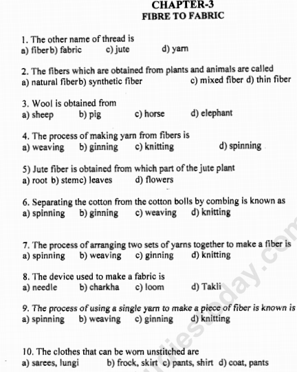cbse class 6 science fibre to fabric mcqs set a multiple choice questions for science