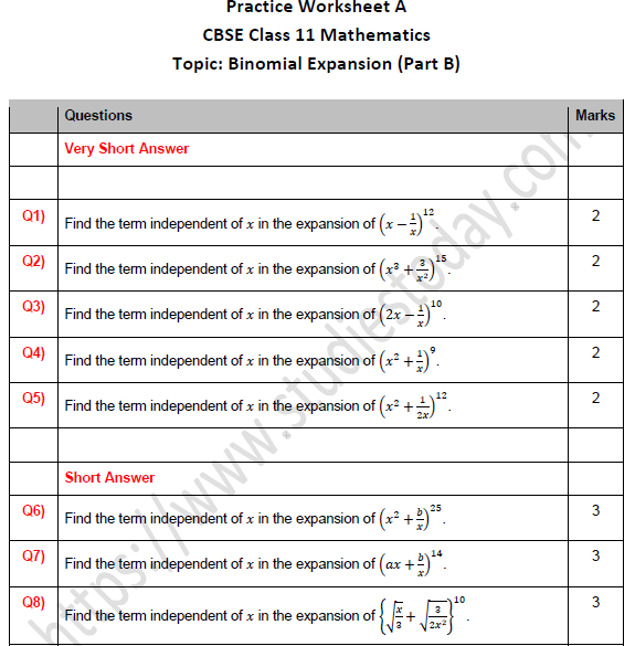 3) coefficient of x in expansion of (x + 3)5. Cbse Class 11 Maths Binomial Expansion Worksheet Set B