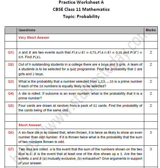 cbse class 11 maths probability worksheet set a