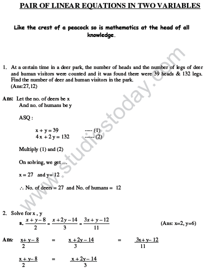 They are followed by several practice problems for you to try, covering all the basic concepts covered in the videos, with answers and detailed solutions. Cbse Class 10 Mathematics Hots Pair Of Linear Equations In Two Variables Set B