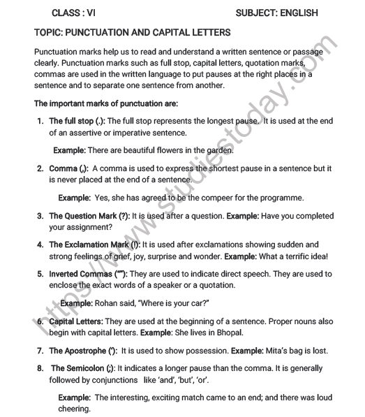 cbse class 6 english punctuation and capital letters worksheet