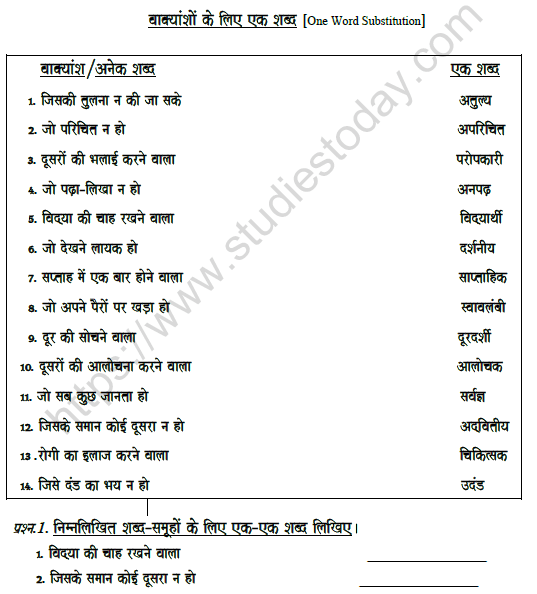 cbse class 7 hindi one word substitute worksheet