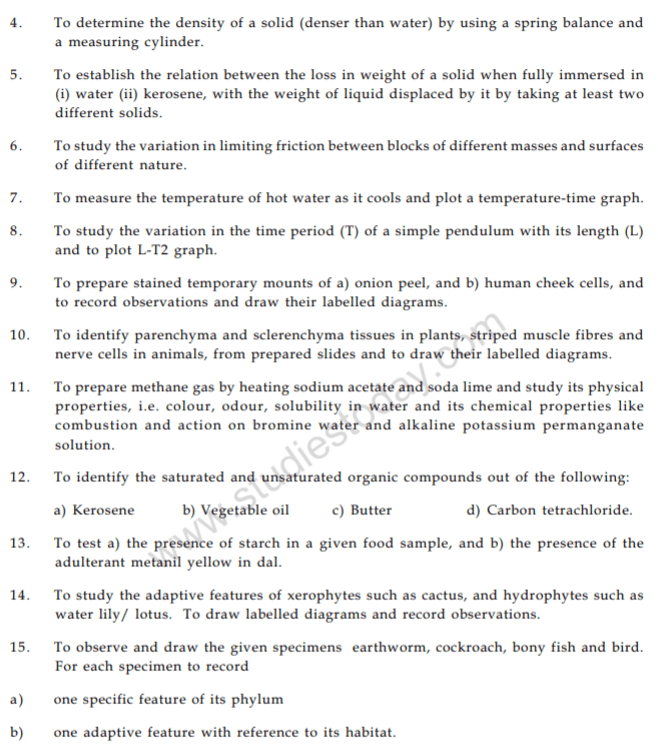 cbse class 9 science list of experiments concepts for science revision notes
