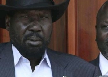 President Salva Kiir and First Vice President Dr. Riek Machar Teny speaking to the press in February 2020 ahead of the dissolution of the former incumbent TGoNU [Photo via Radio Tamazuj]