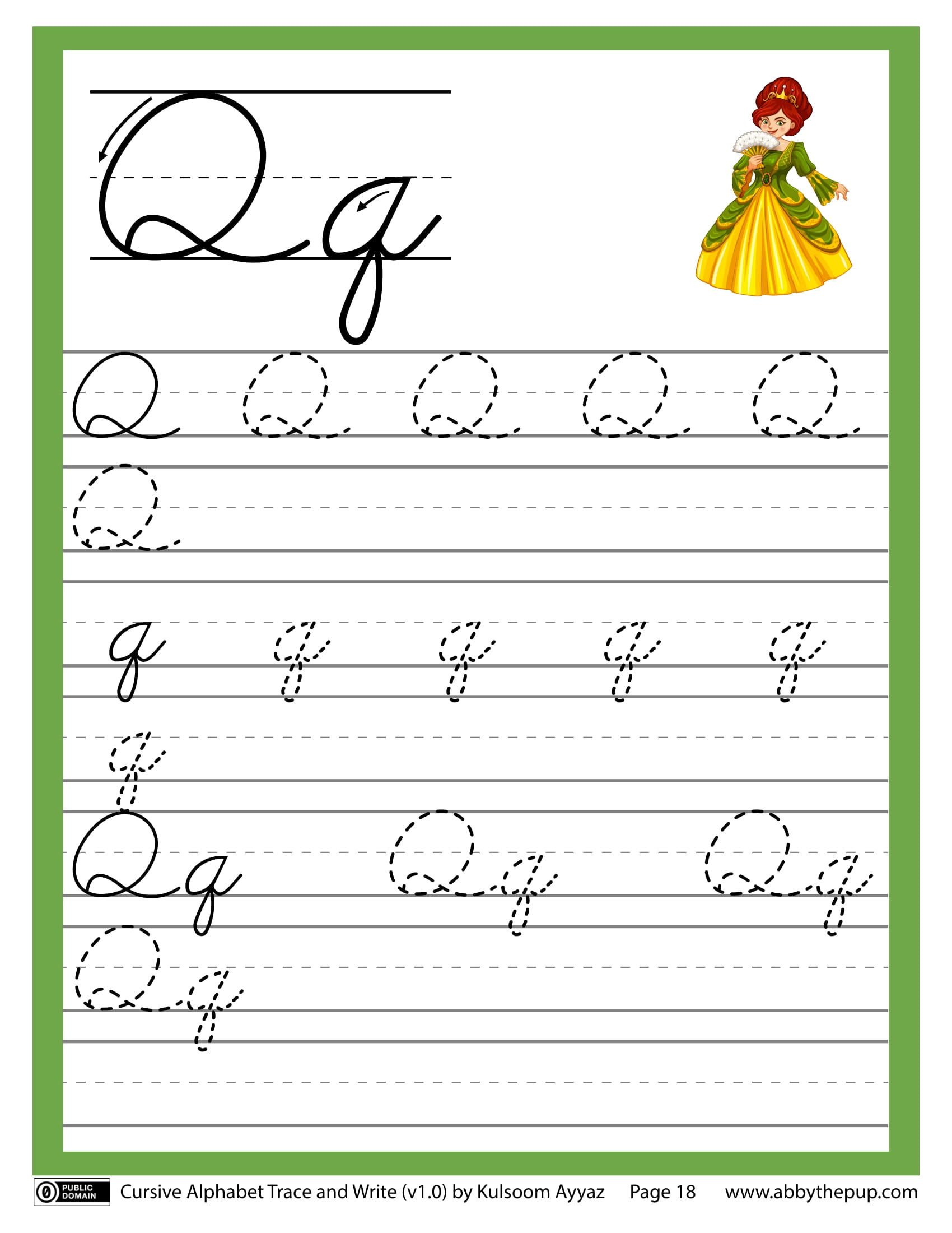 cursive alphabet trace and write letter q free printable puzzle games