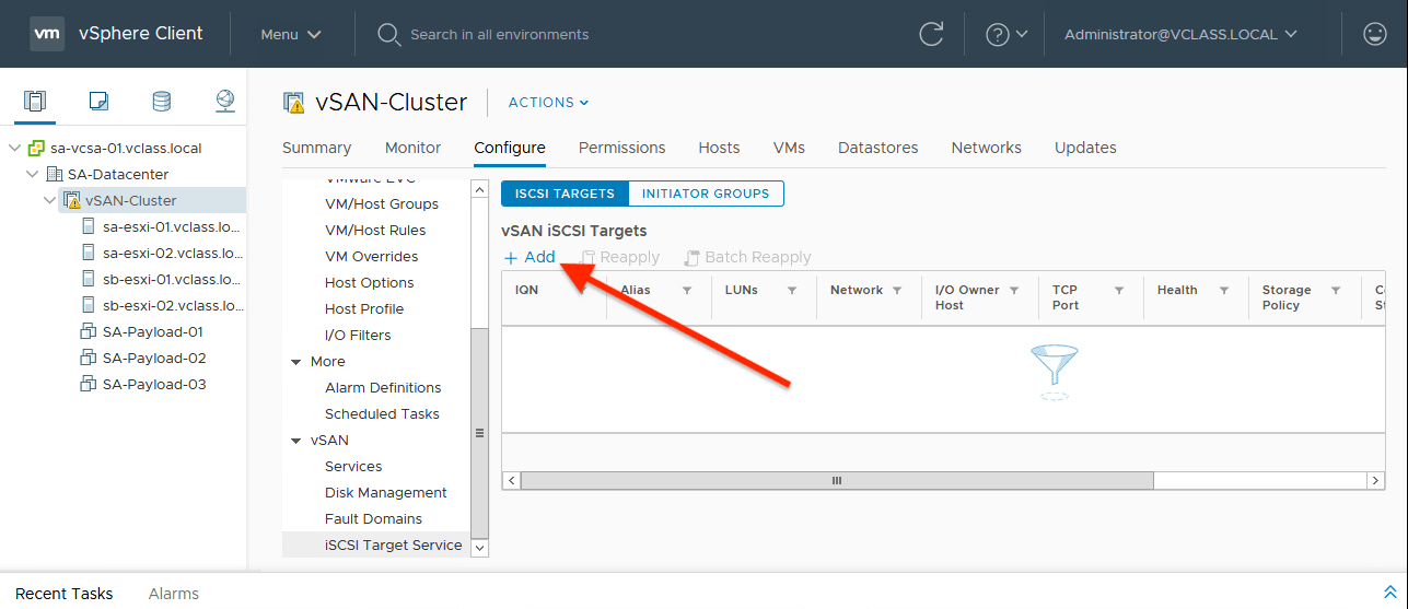 Add targets VMware vSAN iSCSI Target Service