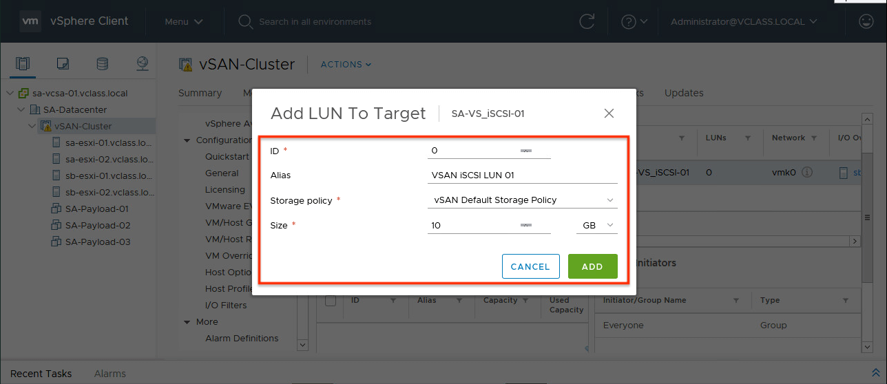 Add LUN VMware vSAN iSCSI Target Service