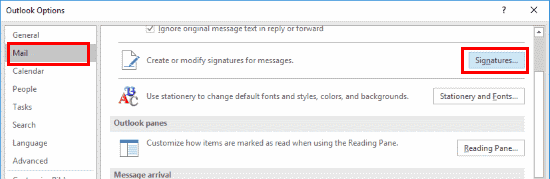 Click mail in the outlook options dialog. Outlook 2019 2016 Set Email Signature