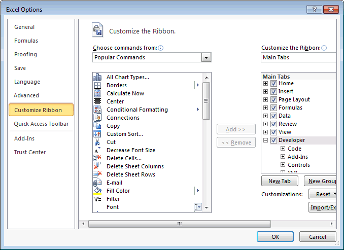 Ms Excel 2010 Display The Developer Tab In The Toolbar