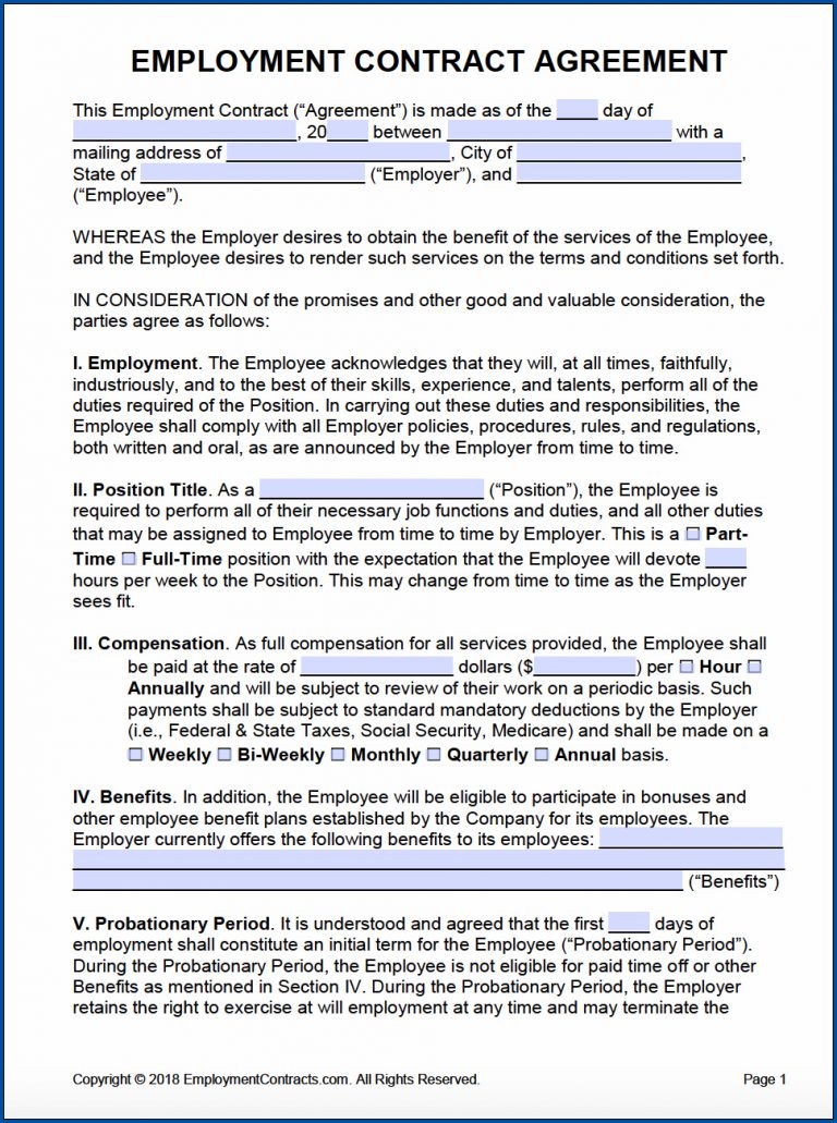 free printable employment contract template templateral