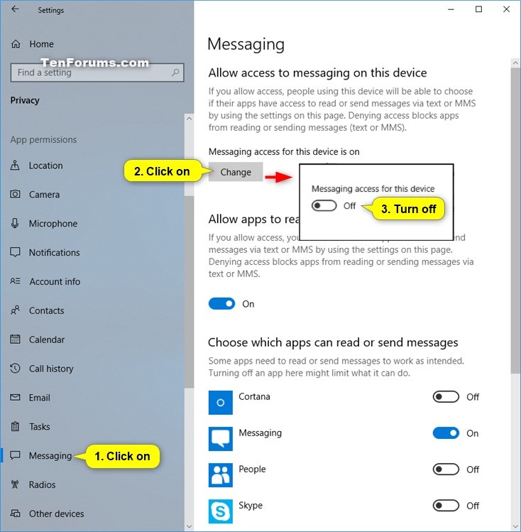 Allow or Deny OS and Apps Access to Messaging in Windows 10 | Tutorials