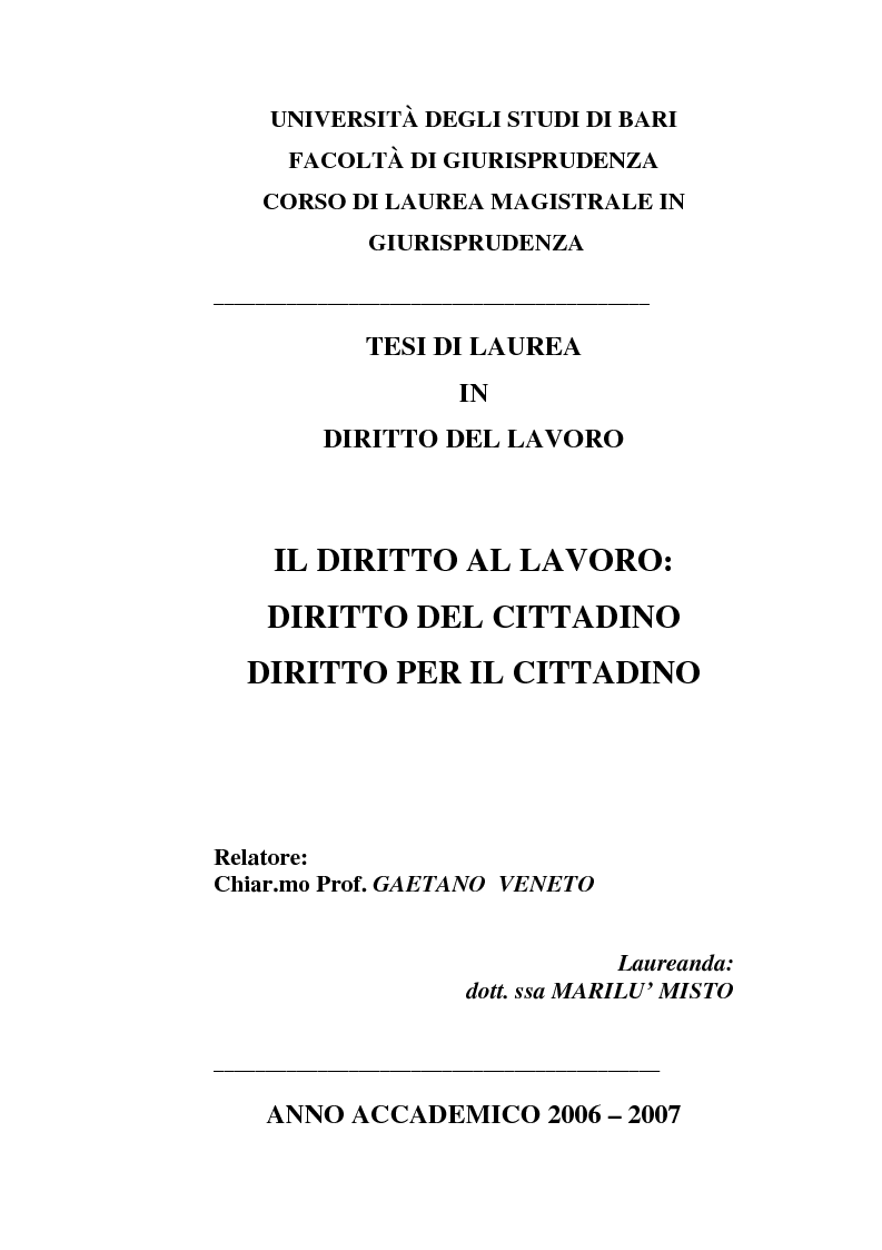 Diritto Al Lavoro: Diritto Del Cittadino, Diritto Per Il Cittadino - Preview - Pagina 1 Di 8 - Tesionline 1123_x_793_png