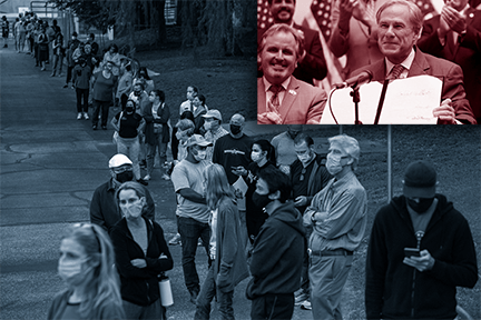 at top right, governor Greg Abbott smiles holding SB 1, while image on left shows a lengthy polling place line