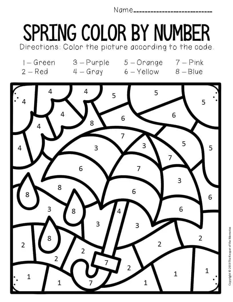 color by number spring preschool worksheets umbrella the