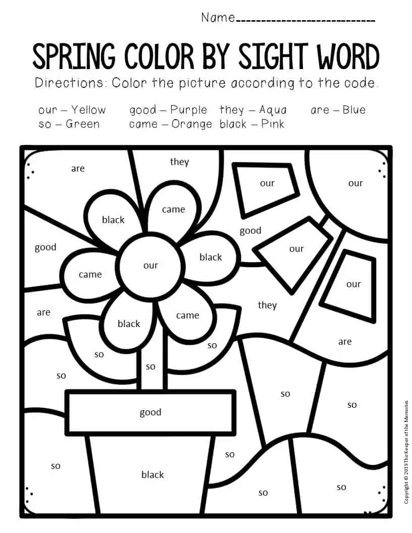color by sight word spring kindergarten worksheets flowers