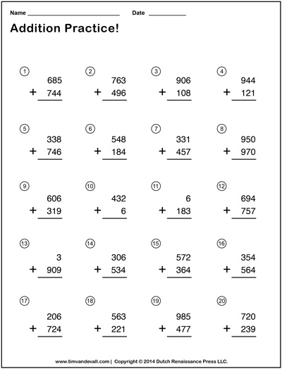 triple digit addition worksheets