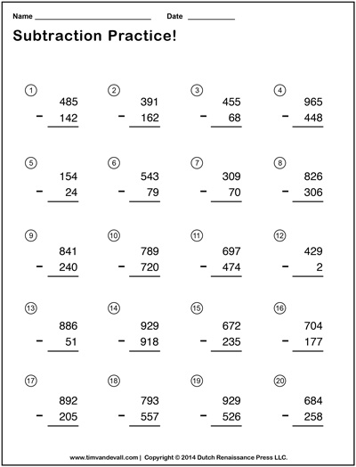 triple digit subtraction worksheets for kids