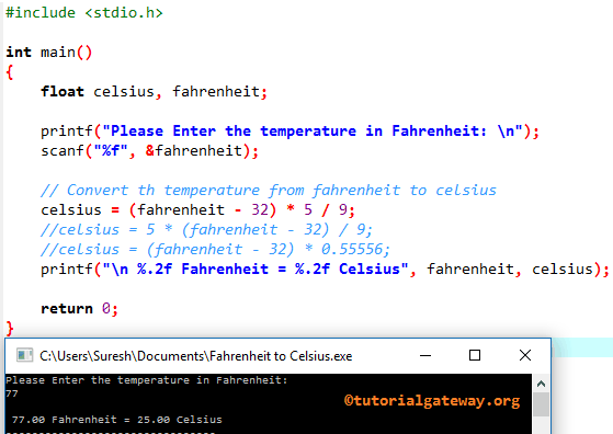 C Program to Convert Fahrenheit to Celsius
