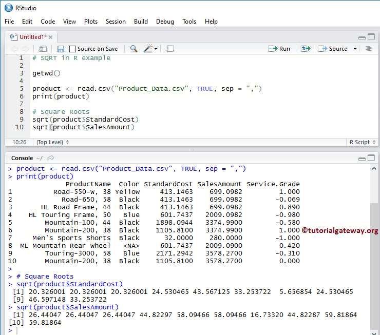 The math.sqrt() method returns the square root of a number. R Sqrt Function