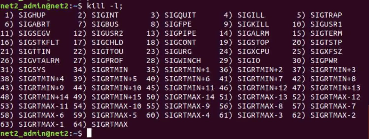 How To Kill Processes In Linux: Beginner-Friendly Guide To Command Line Termination 6 Kill -l command output - list of signals