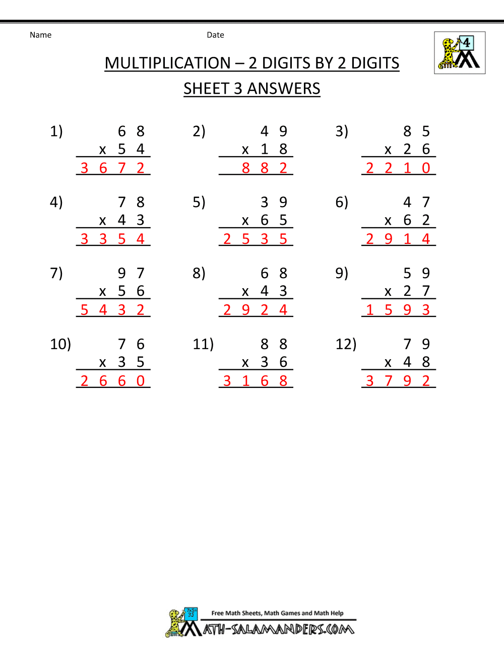 multiplication sheets 4th grade worksheets samples