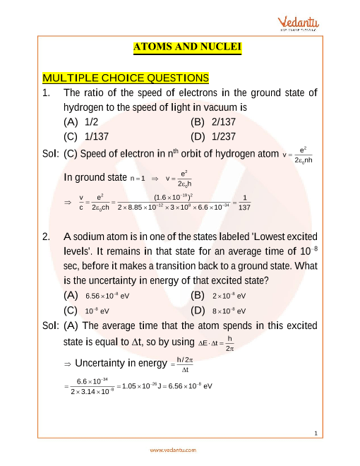 Jee Main Atom And Nuclei Important Questions