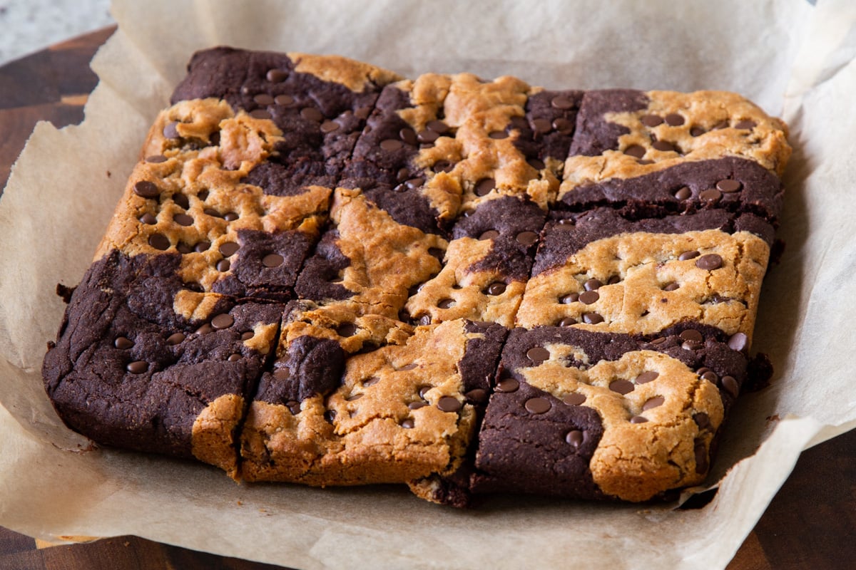 baked brookie cooling on parchment paper