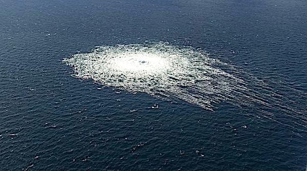 A large disturbance in the sea can be observed off the coast of the Danish island of Bornholm Tuesday, Sept. 27, 2022, following a series of unusual leaks on two natural gas pipelines running from Russia under the Baltic Sea to Germany have triggered concerns about possible sabotage. Danish Prime Minister Mette Frederiksen says she 'cannot rule out' sabotage after three leaks were detected on Nord Stream 1 and 2. (Danish Defense Command)