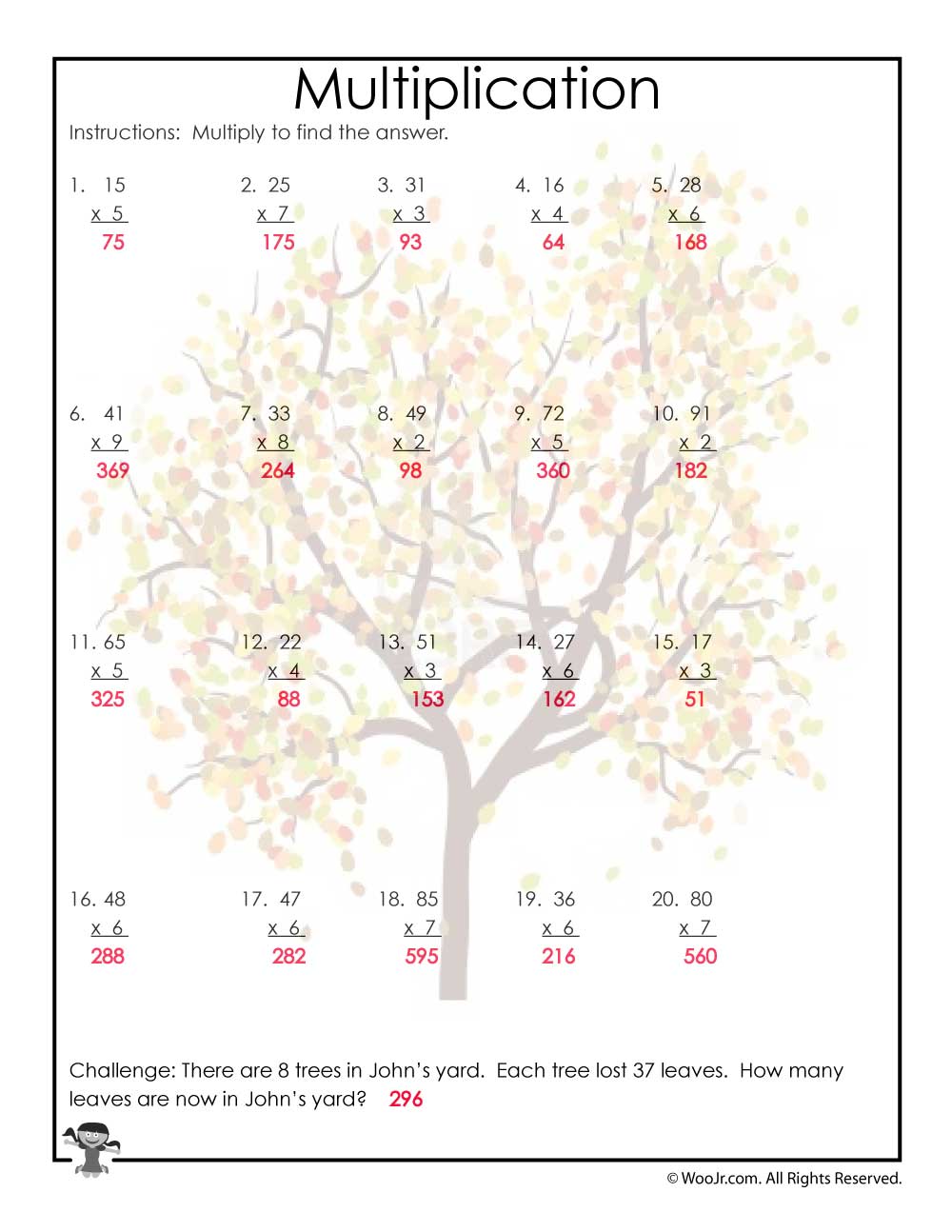 fall multiplication worksheet key woo jr kids activities children s publishing