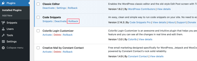 rollbackpluginsrollbacklink The Plugins Page Now Has a New Rollback Link