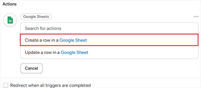 Select the action condition Select the action condition