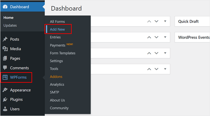 Clicking Add New in WPForms inside the WordPress admin panel Clicking Add New in WPForms inside the WordPress admin panel
