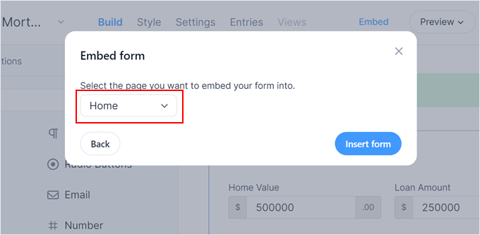 Selecting a page to insert the Formidable Forms form in Selecting a page to insert the Formidable Forms form in