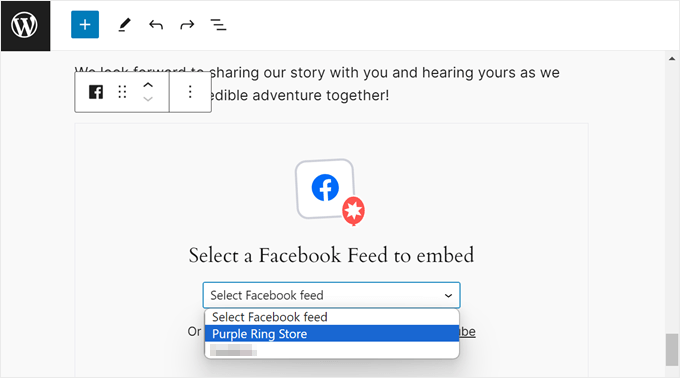 Choosing a Smash Balloon Facebook Feed to embed in the block editor Choosing a Smash Balloon Facebook Feed to embed in the block editor