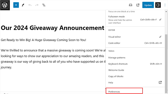 Click the three-dot icon and select the Preferences option Click the three-dot icon and select the Preferences option