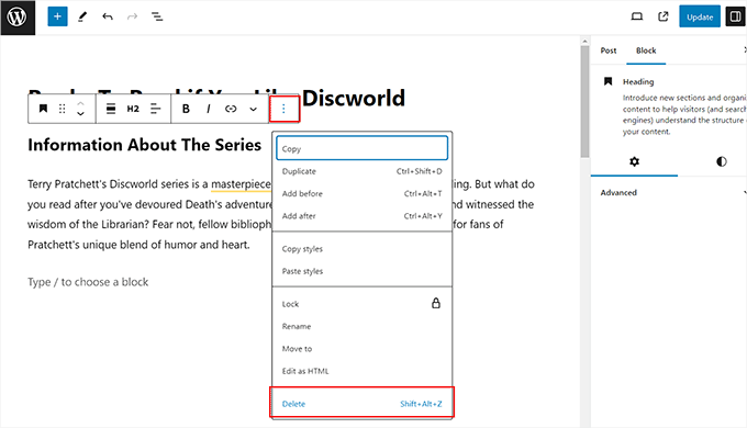 Delete a WordPress block Delete a WordPress block