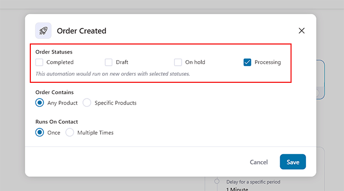 Select the order status Select the order status