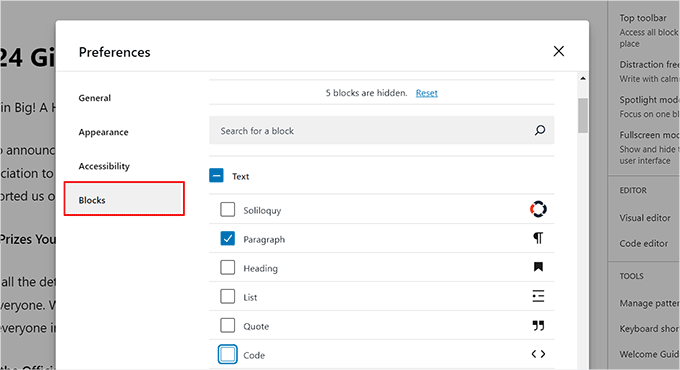 Uncheck the boxes to hide blocks Uncheck the boxes to hide blocks
