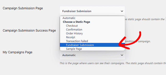 Choose campaign submission page from the dropdown menu Choose campaign submission page from the dropdown menu