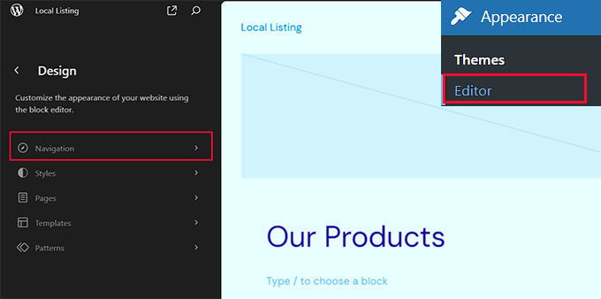 Choose the navigation option in the FSE Choose the navigation option in the FSE