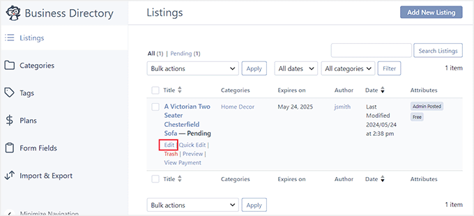 Edit ad submitted by the user Edit ad submitted by the user