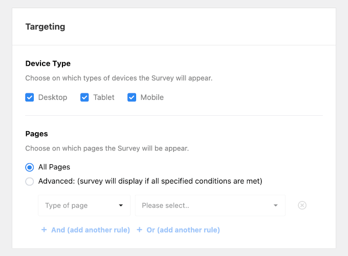 userfeedback-survey-addnew-enabletracking-targeting The Targeting section in UserFeedback's Settings tab