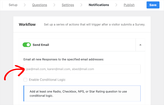 userfeedback-survey-addnew-notifications The email recipient field in UserFeedback's Notifications tab