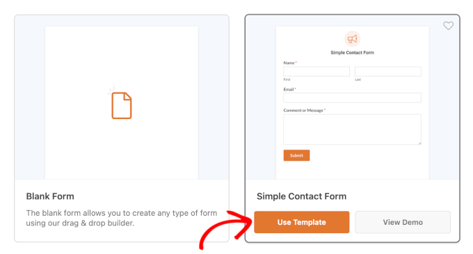 wordpress-wpforms-addnew-setup-selectatemplate-usetemplate The Use Template button for Simple Contact Form in WPForm's Setup panel