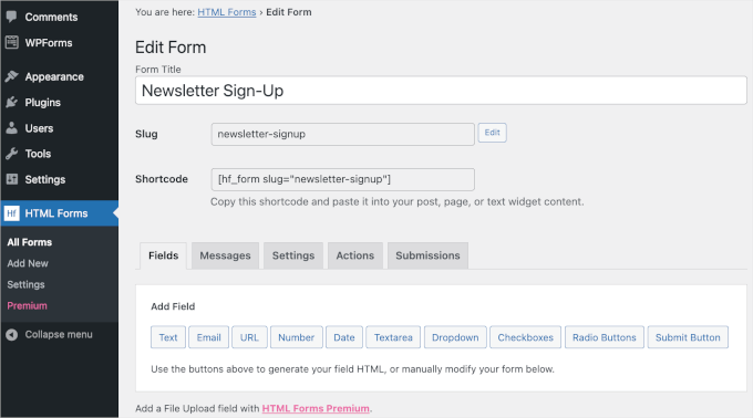 wpadminarea-htmlforms-addnew-editform-newslettersignup HTML Forms' edit form area