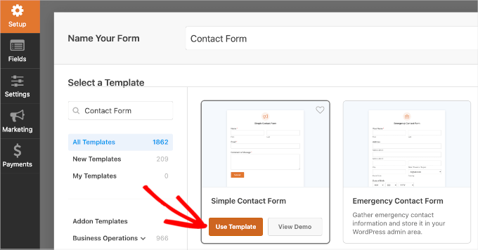 wpadminarea-wpforms-addnew-contactform The Use Template button in WPForms