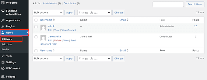 Updating a user's profile inside the WordPress dashboard Updating a user's profile inside the WordPress dashboard